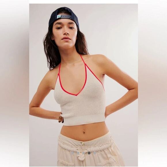 Free People Tops - Free People Out And About Solid Halter Top Tofu Combo Cream and Red Size S